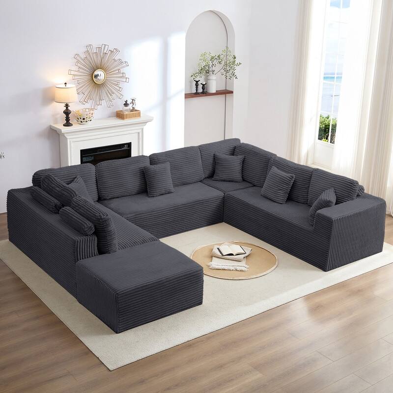 Mixoy 136"U-Shaped Modular Corduroy Sectional Sofa,7-Seater Deep Seats Sofa with Movable Ottoman - U-Shaped - Dark Grey - Symmetrical