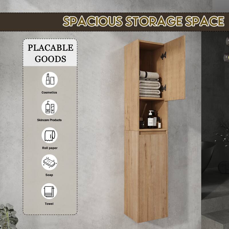 12" Wall-Mounted Bathroom Side Cabinet, Soft Close Doors, Floating Design, Imitative Oak Finish
