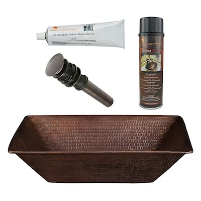 17" Rectangle Wired Rim Vessel Hammered Copper Sink, Matching Drain and Accessories