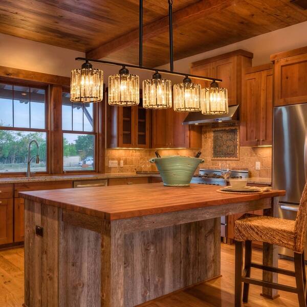 Starsky 5-Light Modern Glass Crystal Chandelier Cluster Linear Kitchen Island Light with Cylindrical Shade