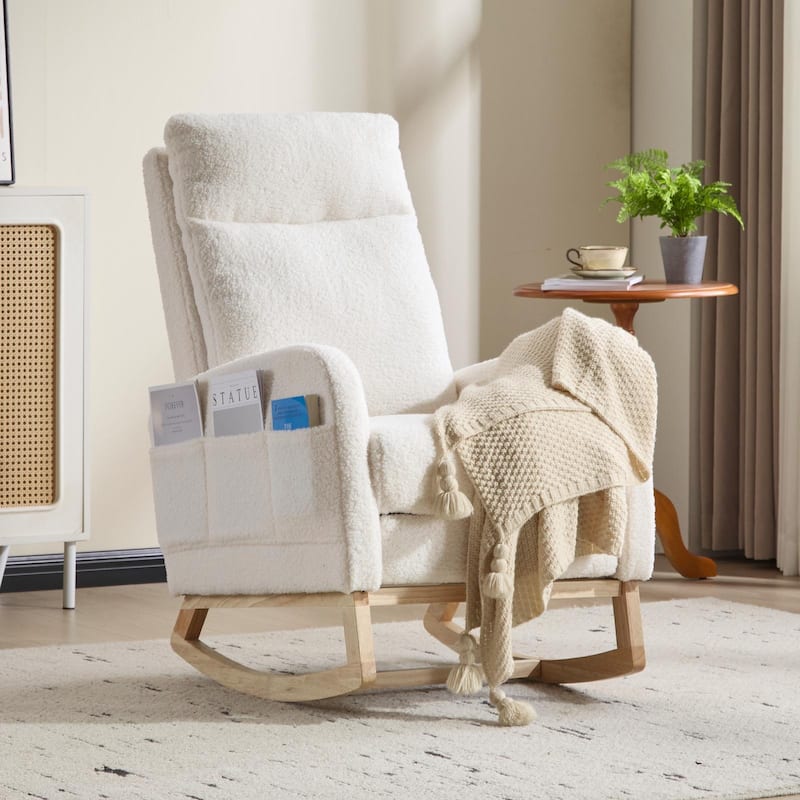 Polyester Fabric Rubber Wood Accent Rocking Chair with Side Pocket - 29.5"D x 24.8"W x 40.9"H