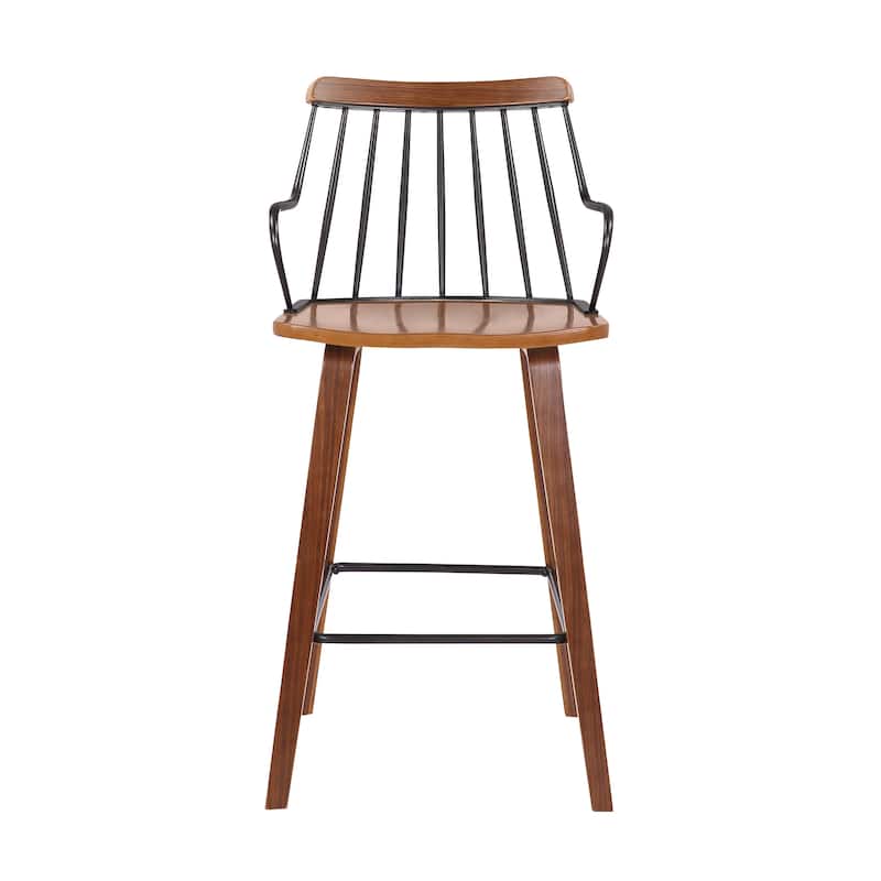 Micah 26" Walnut Wood and Black Metal Farmhouse Counter Stool with Arms