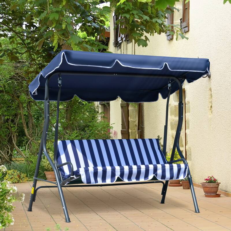 Outsunny 3-Person Porch Swing with Canopy, Patio Swing Chair, Outdoor Canopy Swing Bench with Adjustable Shade, Cushion - Dark Blue