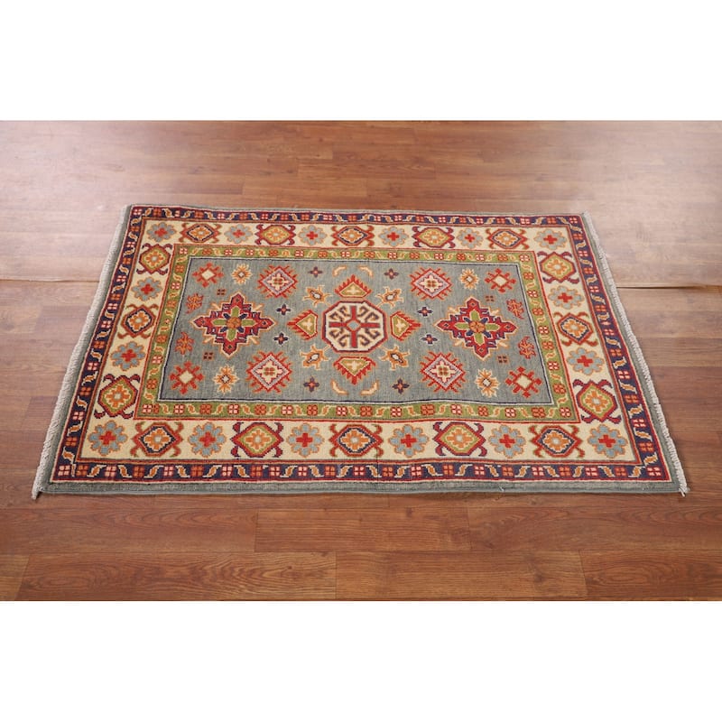 Geometric Kazak Accent Rug Hand-Knotted Grey Wool Carpet - 2'8" x 4'1"