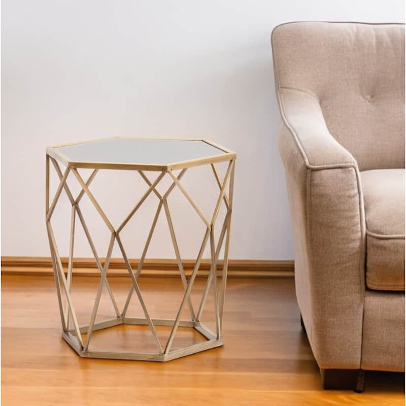 Gold Hexagon Glass End Table with Mirrored Top and Iron Frame Accent for Living Room or Bedside - 18.75" H x 19" W x 18.5" L