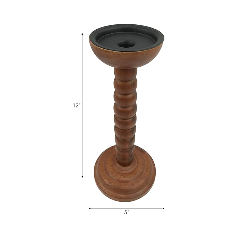 Wood Candle Holder Sculpted Round Base and Turned Detailing Accent