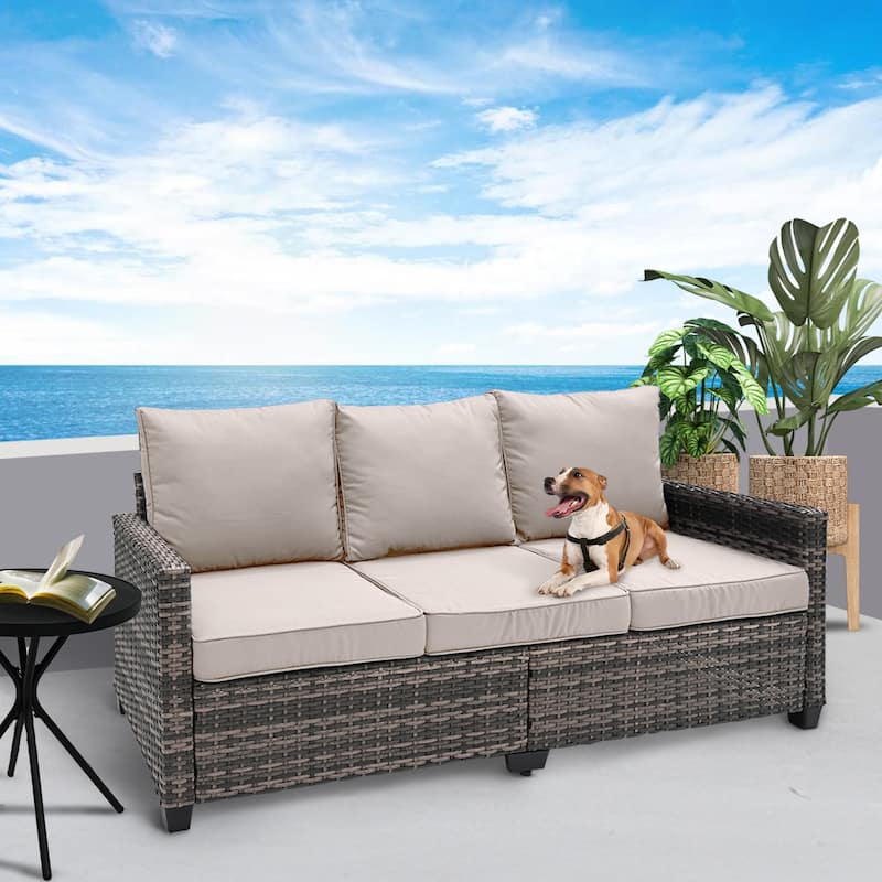Outdoor Patio Rattan Sofa with Cushions - Beige