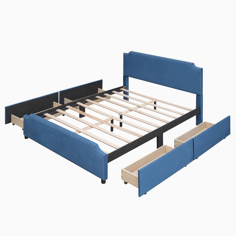 Queen Size Velvet Upholstered Platform Bed with Stud Trim Headboard, Footboard and Drawers