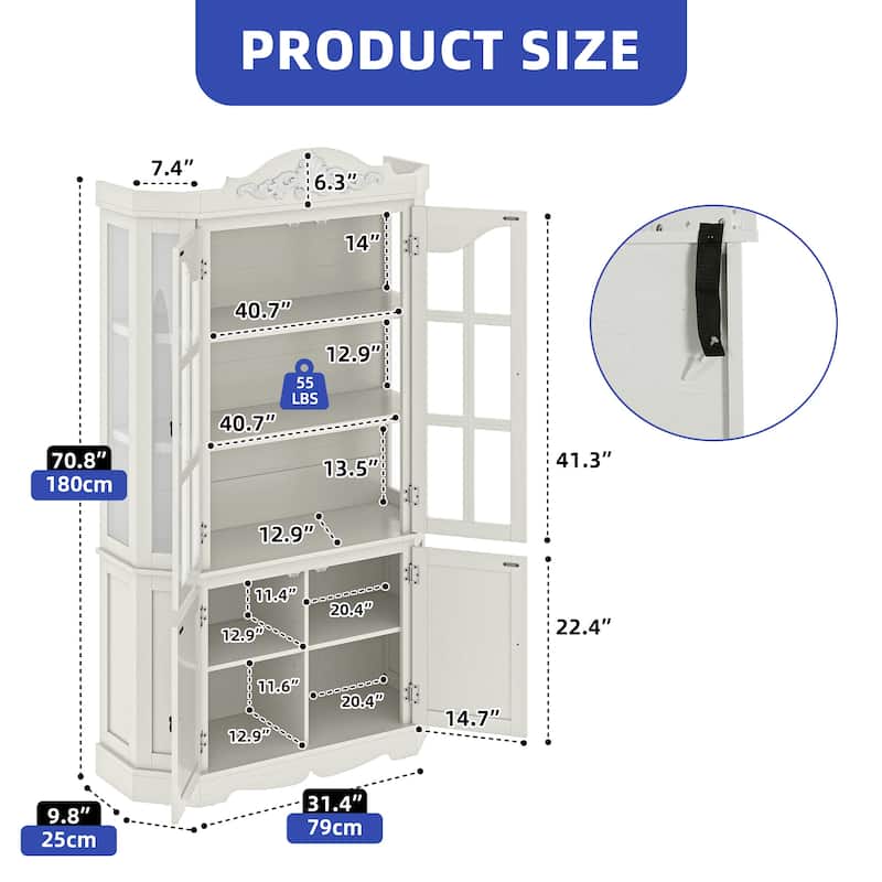 70.8 Inch Tall Hexagon Farmhouse Glass Display Cabinet with Adjustable Shelves