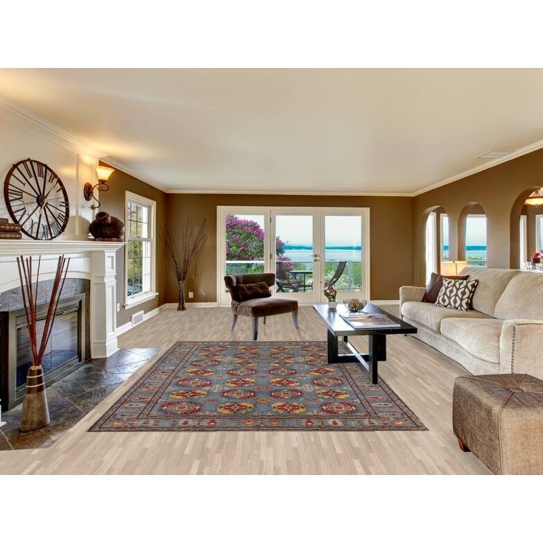 Hand Knotted Oriental 100% Wool Carpet Traditional All-Over Navy Blue & Blues Kazak Area Rug - 9' 8'' X 6' 9''