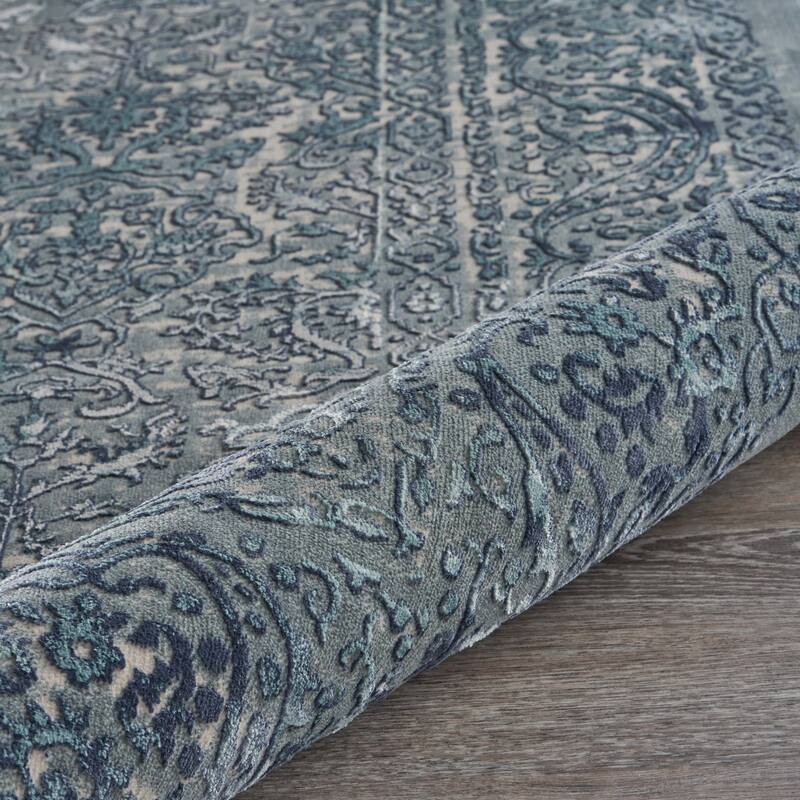 Sevita Carved Transitional Damask Polyester Area Rug, Blue and Silver