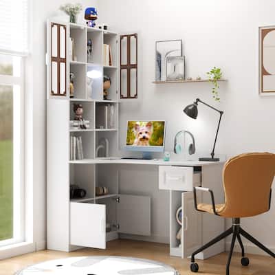2-in-1 L-Shaped Bookshelf Computer Desk Hutch Desk, Bedroom Corner Study Table Home Office Desk with Drawers & Cabinet