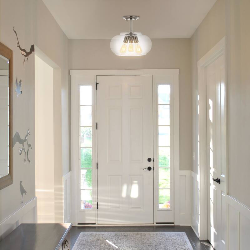 Marlowe 13.75" 3-Light Modern Industrial Iron/Seeded Glass LED Semi Flush Mount, Nickel/Clear by JONATHAN Y