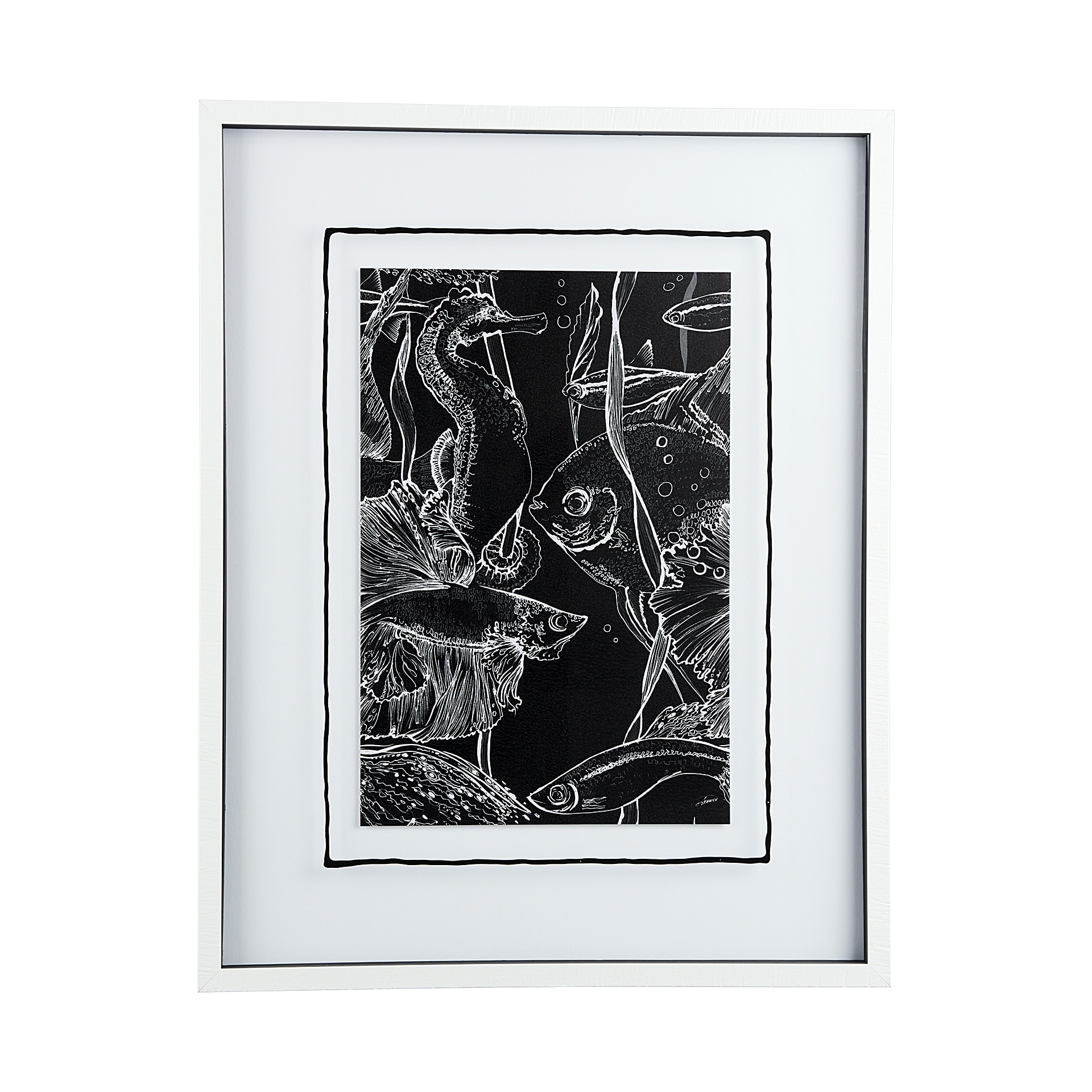 Fish Black by Mercana Studio a Hand Embellished Textured Framed Art Print Matted under Glass