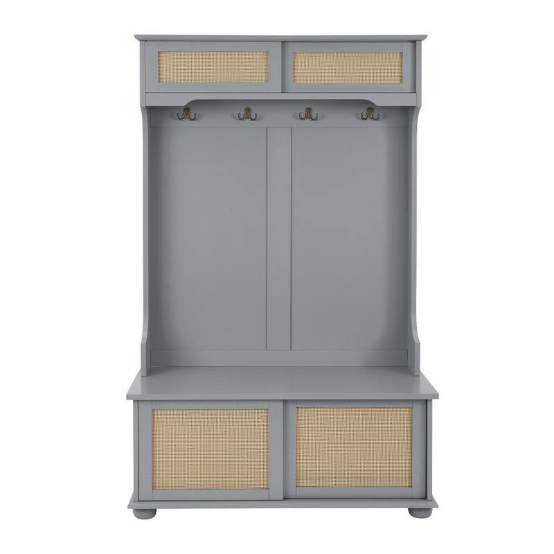 Classic Hall Tree Entryway Bench with Shoe Cabinets and Rattan Door