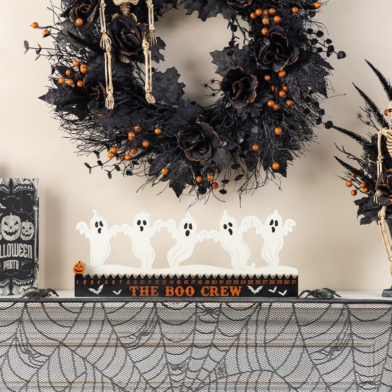Glitzhome 18"L Happy Halloween Wooden Metal Dancing Witch or Ghost Countdown Calendar Table Decor