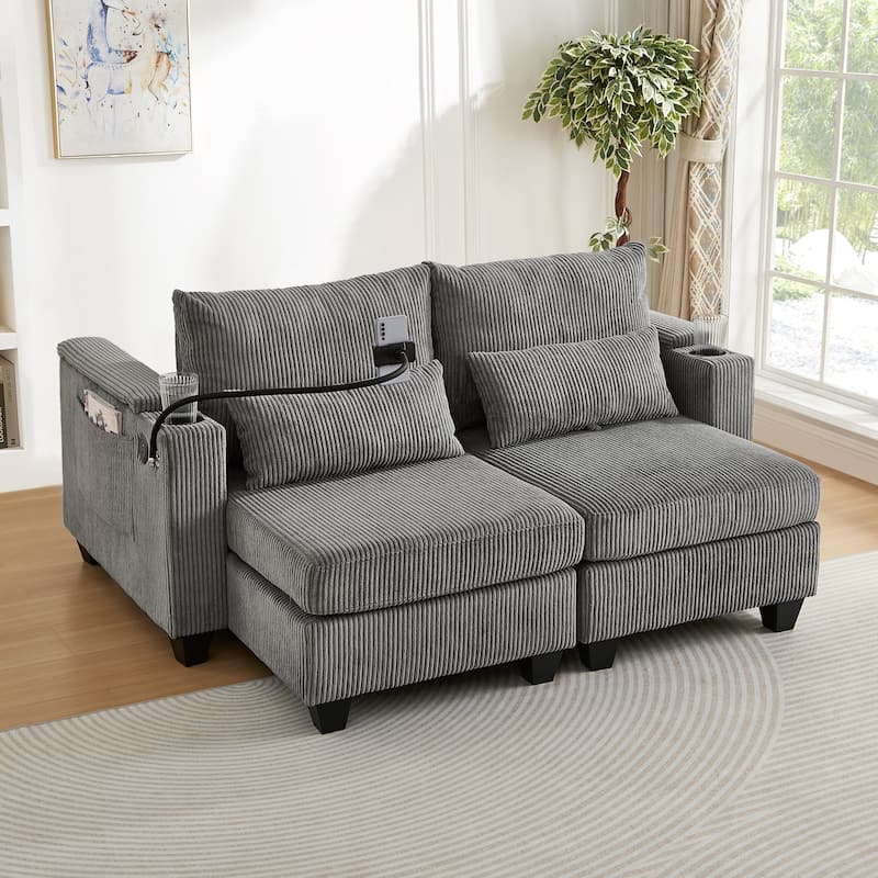 Convertible Chaise Lounge 63" Loveseat Sofa Sofa Bed Corduroy Sleeper Sofa with USB Ports, Two Cup Holders