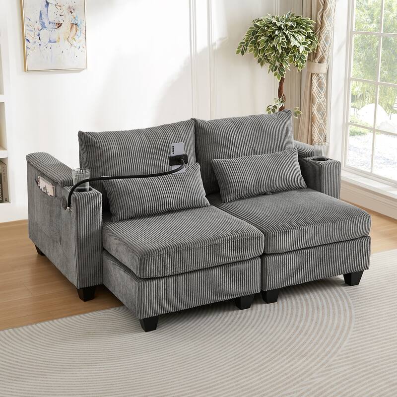 Roomfitters Convertible Corduroy Loveseat Sofa Bed with USB Ports, Cup Holders, Phone Slot and Storage for Living Room