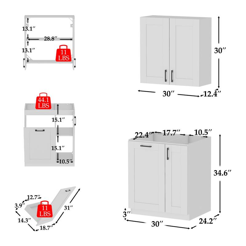 Modular White Kitchen Cabinet Set Customizable Base and Wall Cabinets Pantry Storage and DIY Countertop Design(Without desktop)