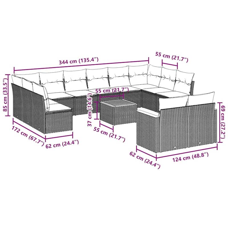vidaXL Patio Sofa Set with Cushions Outdoor Conversation Furniture Poly Rattan