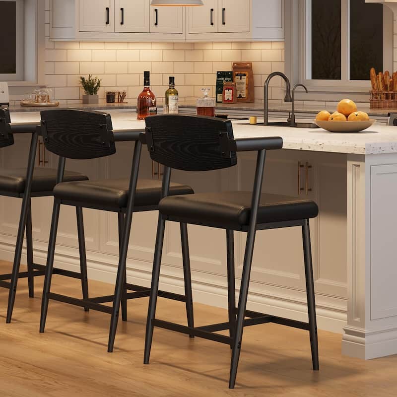26" Counter Height Bar Stools Set of 2/4 with Arms, 2PCS/4PCS Modern Bar Stools Set with Back & Upholstered Wider Seat - Black - 2Pcs Wood Backrest