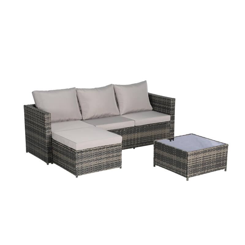 2-Pieces Outdoor Patio L-Shaped Sectional Sofa Set with Glass Coffee Table