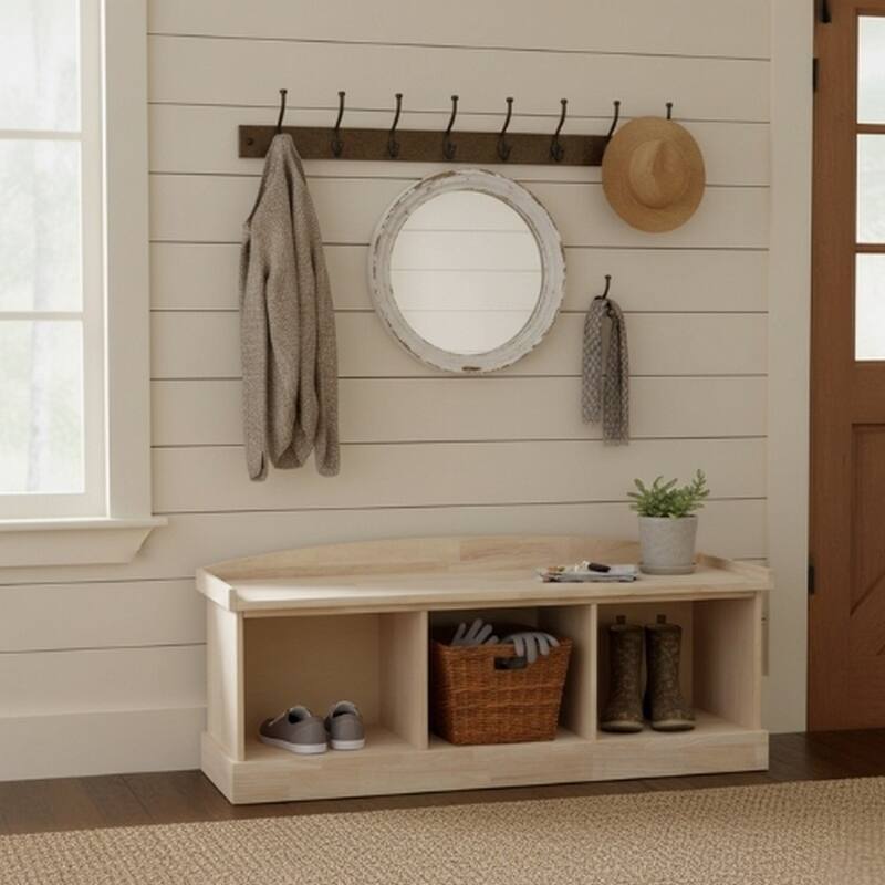 Unfinished Solid Parawood Storage Bench with Three Compartments