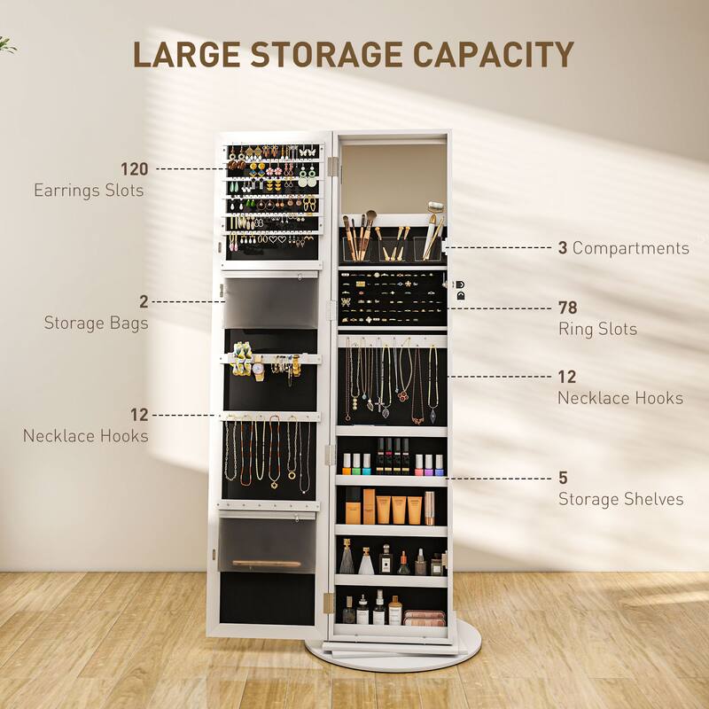 HOMCOM 360° Swivel Jewelry Cabinet, Lockable Jewelry Armoire Organizer with Full-Length Mirror for Bedroom Living Room