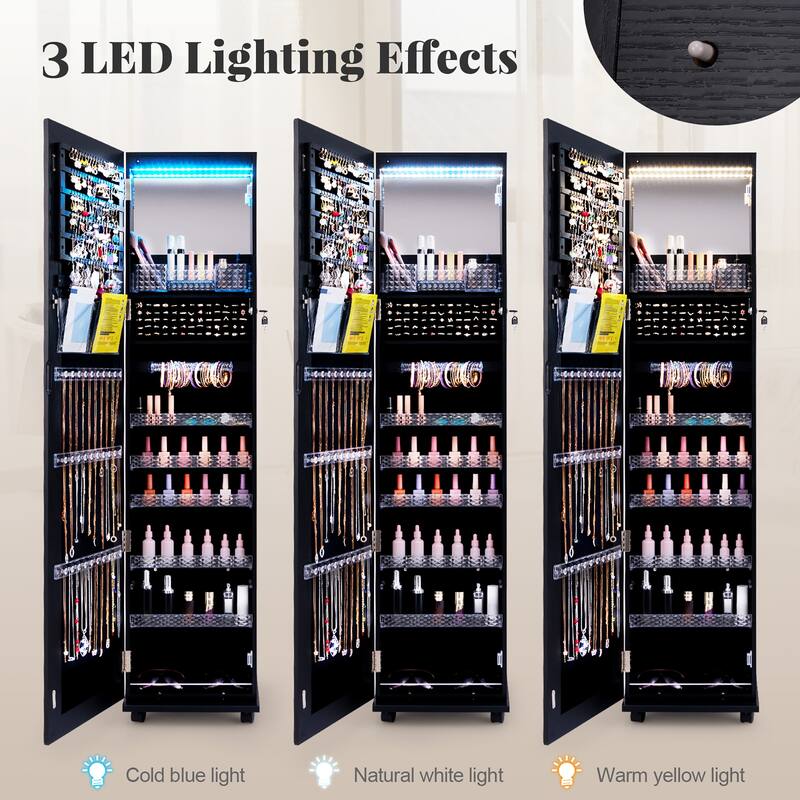 Gymax 64'' Jewelry Cabinet Armoire w/ 3-Color Lights Adjustable