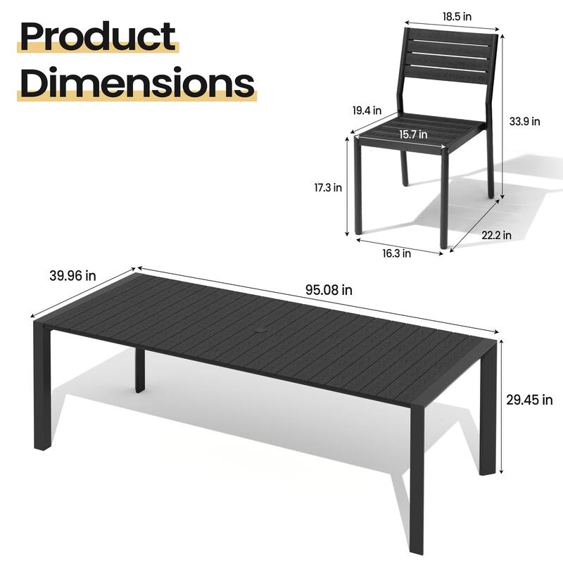 Set of 9 Outdoor Patio Dining Set WoodLike Table Top Aluminum Rectangular Umbrella Hole Table with Stackable Dining Chairs