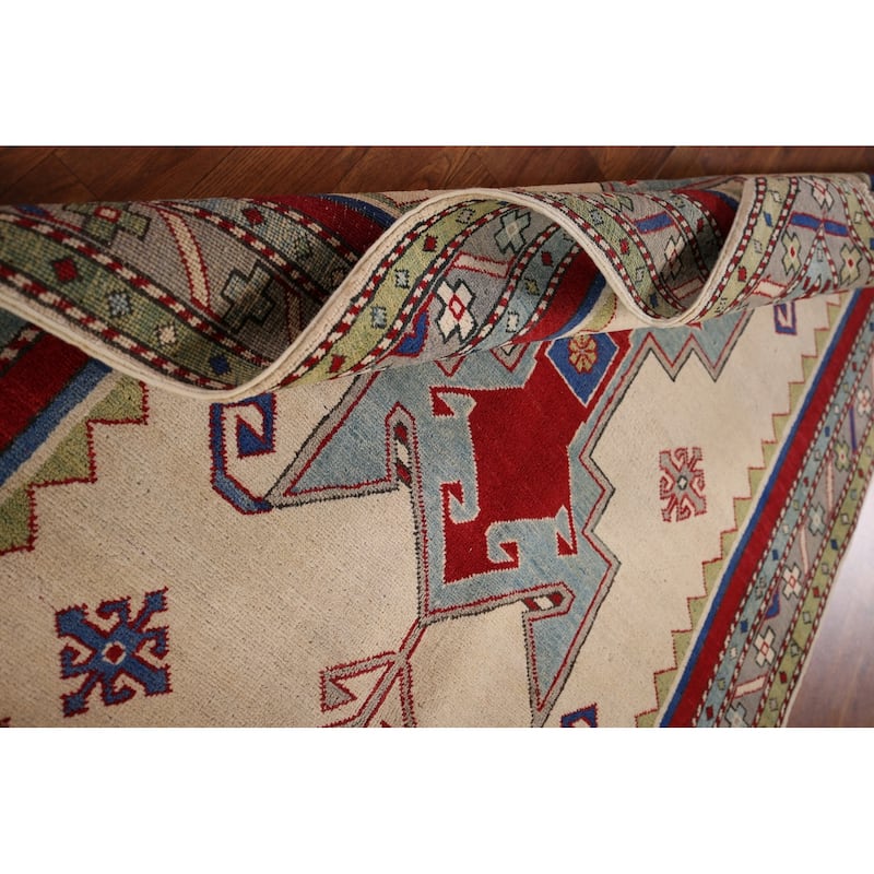 Ivory Geometric Kazak Oriental Area Rug Hand-Knotted Wool Carpet - 4'1" x 5'11"