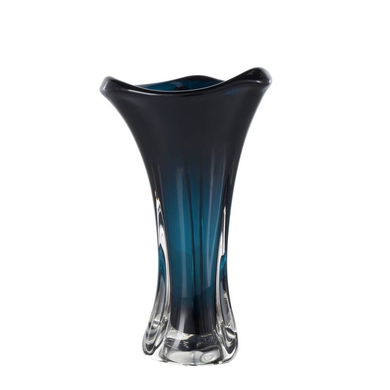 Dark Blue Glass Ombre Tulip Abstract Vase with Clear Base