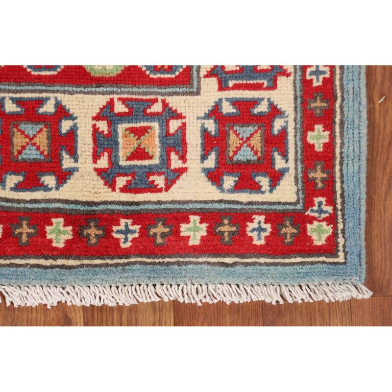 Light Blue Geometric Kazak Accent Rug Handmade Wool Carpet - 2'8" x 3'10"