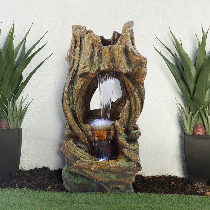 Open Tree Trunk Fountain with Cool White LED Lights