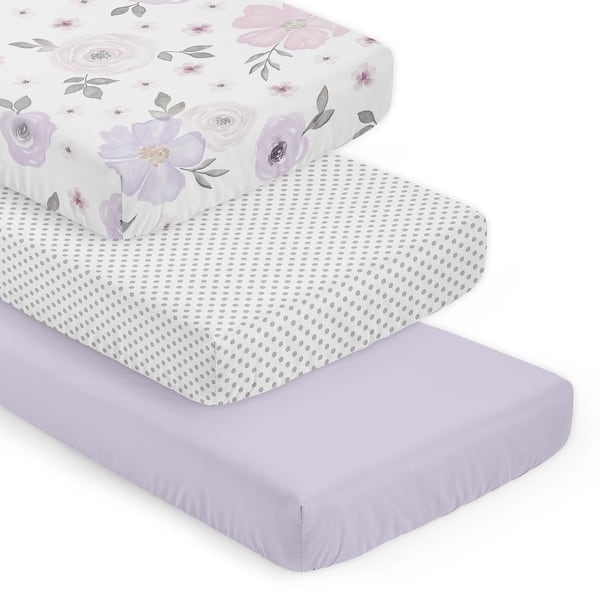 slide 2 of 6, Sweet Jojo Designs Purple Boho Floral Girl 3 Pack Fitted Crib Sheets - Solid Lavender, White/Grey Polka Dots & Bohemian Shabby