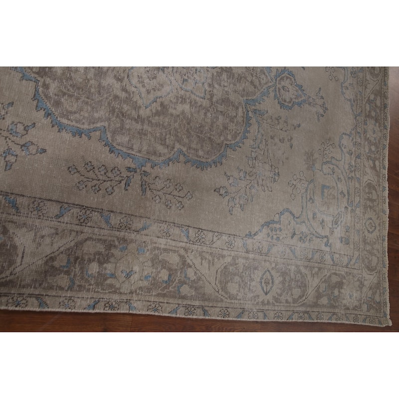 Beige Distressed Tabriz Persian Antique Area Rug Handmade Wool Carpet - 6'5" x 9'4"