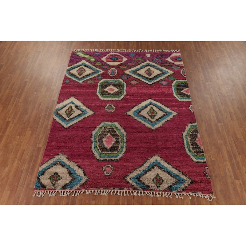 Moroccan Oriental Area Rug Hand-Knotted Geometric Wool Carpet - 8'10" x 10'6"