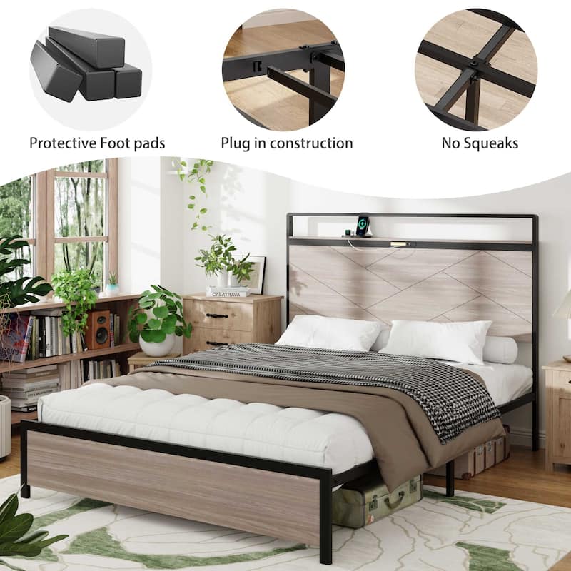 Platform Bed Frame with LED Headboard, Metal Bed with Charging Station and Under-Bed Storage