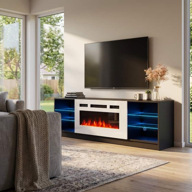 Meble Furniture Boston 79" Electric Fireplace TV Stand with 40" Fireplace Insert and LED Shelf Lighting