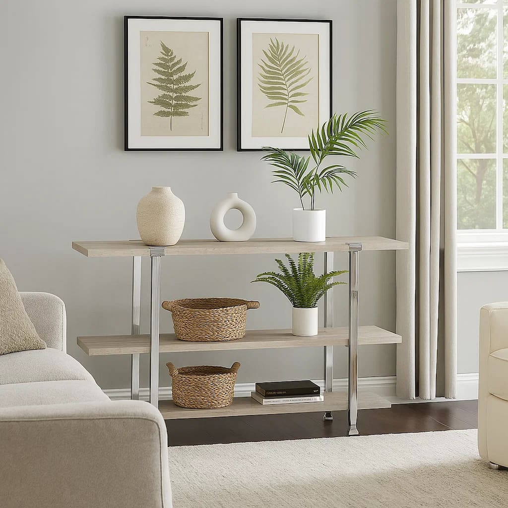 Sofa Table with X Shaped Metal Base and 2 Storage Shelves, Silver and Beige