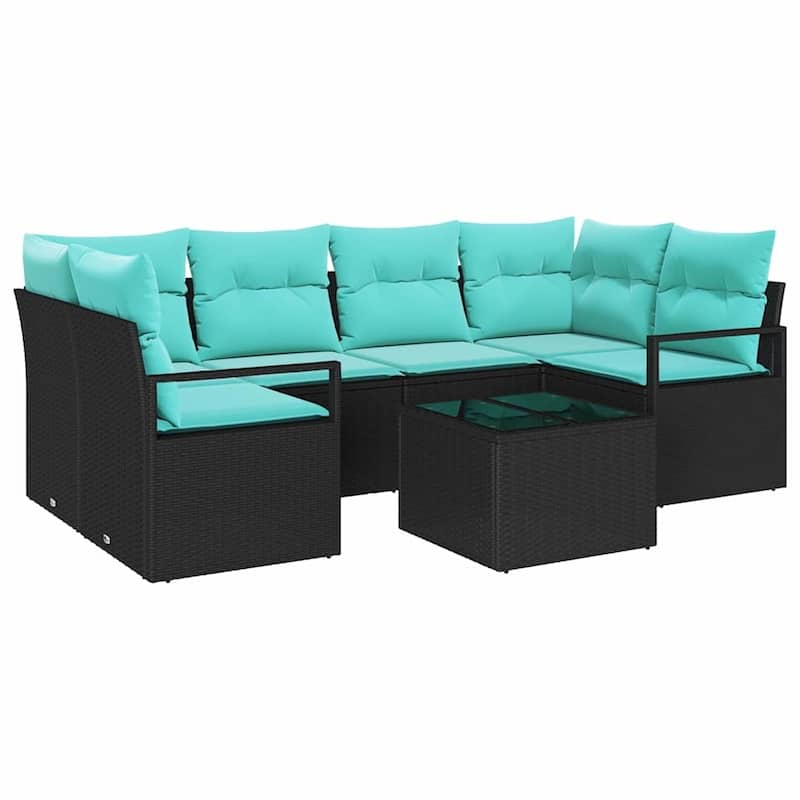 vidaXL 7 Garden Sofa Set with Cushions Black Poly Rattan - 92.1 x 48 x 27.2