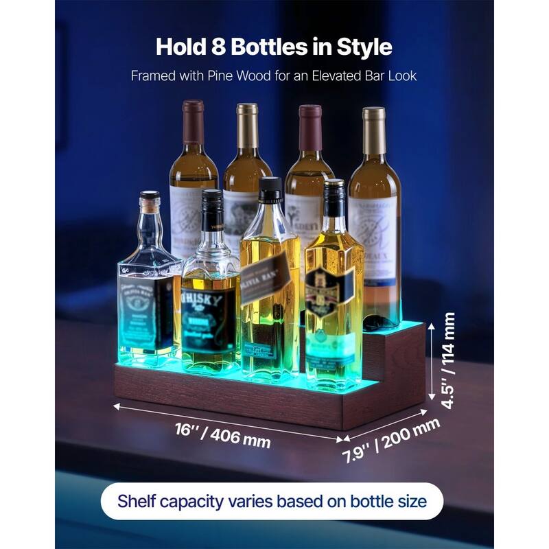 Multi-Color Acrylic and Pine Wood 2-Tier Wine Display Shelf with LED Lighting and Remote Control