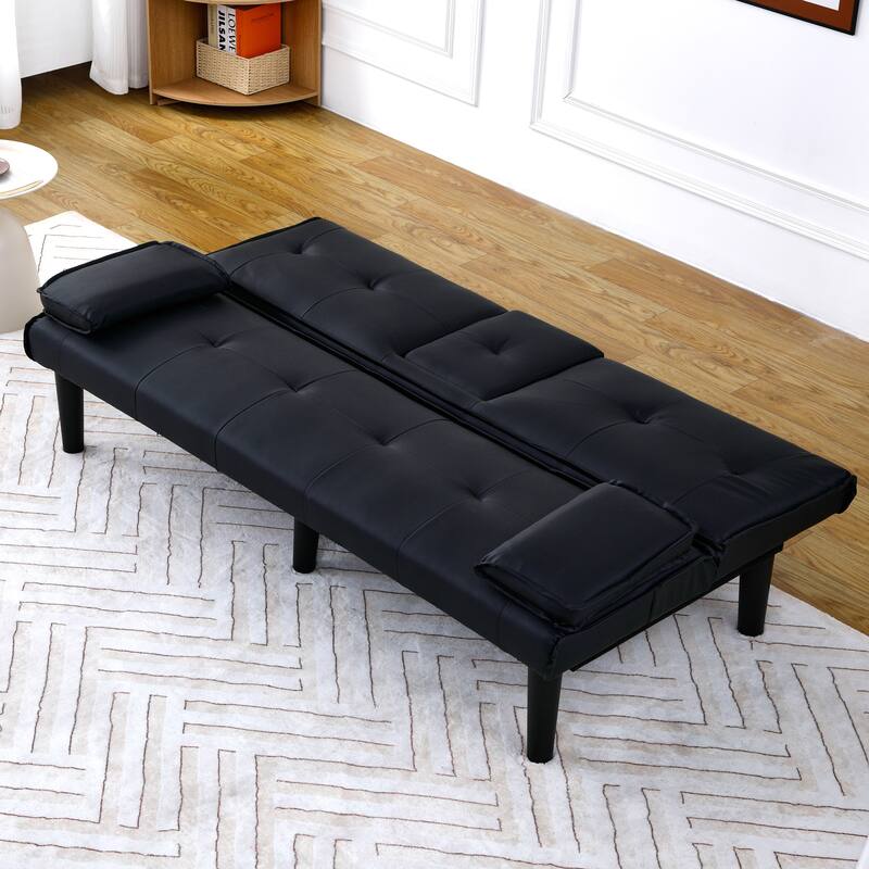 The 67-inch black PVC multi-functional sofa bed with a foldable and cup holder design