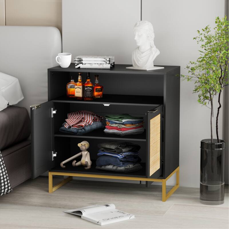 Anmytek Black Rattan Buffet Sideboard Storage Cabinet with 2 Doors