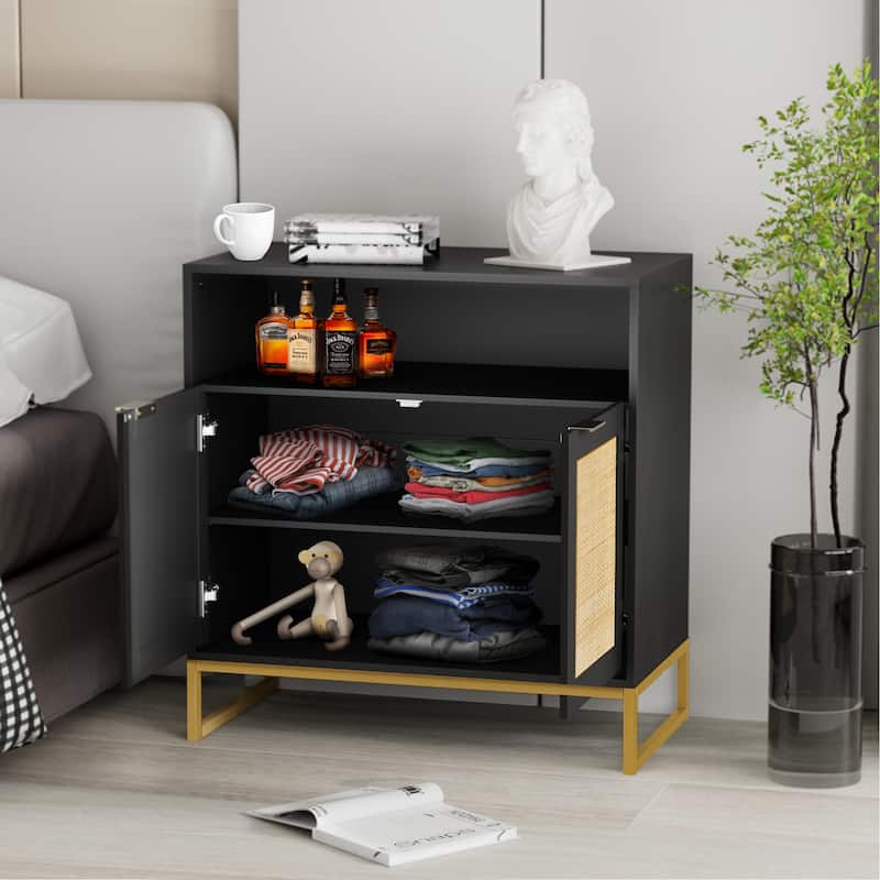 Anmytek Modern 2-Door Black Buffet Sideboard Table Rattan Kitchen Storage Cabinet with Open Shelf - 31.5" W x 15.7" D x 31.9" H