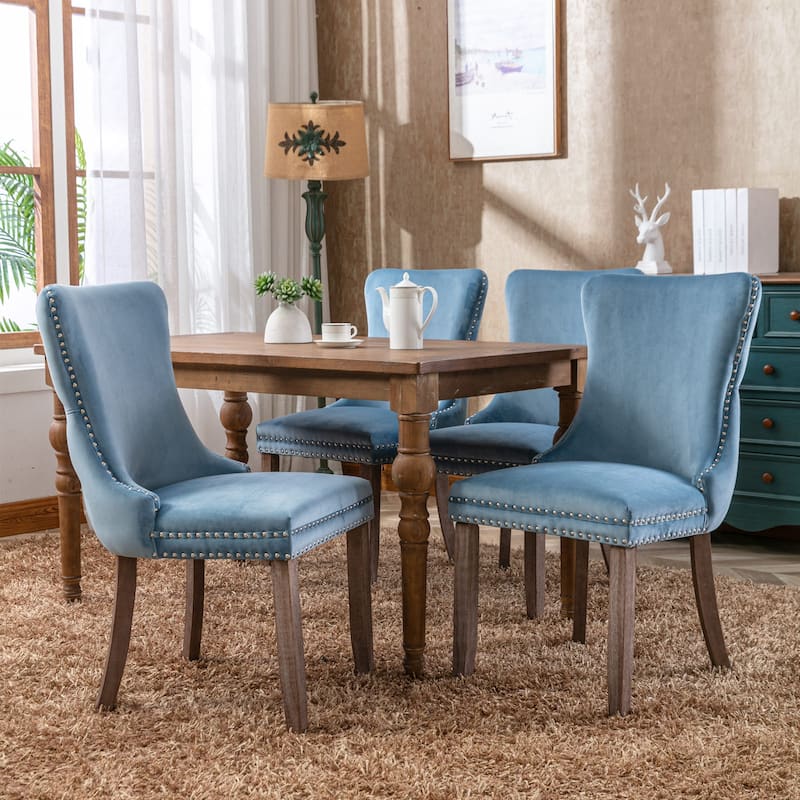 Velvet Wing-Back Upholstered Dining Chair with Wood Legs, Set of 2