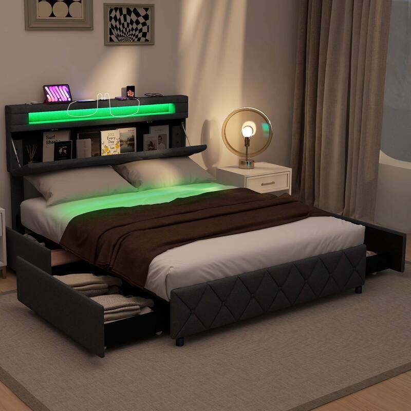 Costway Full/Queen Size Bed Frame with Led Lights & Charging Station &