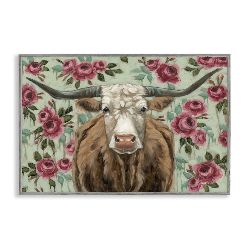 Stupell Longhorn with Magenta Blooms Framed Giclee Art Design By Sara G. Designs - 30 x 20 - Grey