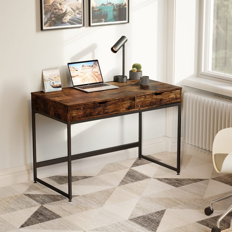 43'' W Home Office Computer Desk with 2 Drawers, Modern Writing Study Desk - Rustic Brown