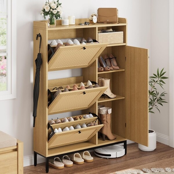 Rattan Shoe Cabinet with 3 Flip Drawers and 4-Tier Shoe Storage